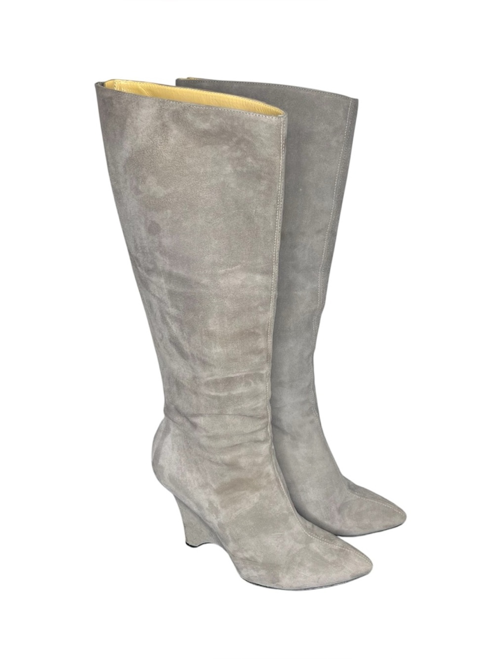 Kate Spade Grey Suede Leather Knee High Curved Wedge Boots Size 7.5